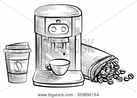 Coffee Making Vector, Monochrome Sketch Outline. Dispenser Bag With Beans, Plastic Cup With Beverage