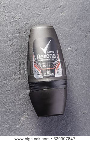 Exona Deodorant Isolated On Stone Slate Background. Rexona Is Deodorant And Antiperspirant Brand Fou