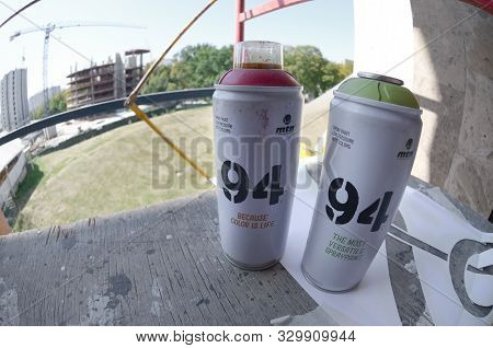 Kharkov, Ukraine - August 24, 2019: Two Mtn 94 Used Spray Cans For Graffiti Painting Outdoors On Sca