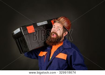 Manual Worker. Man With Tool Box. Builder With Box For Instruments. Tools For Repair. Repair Kit. Bu