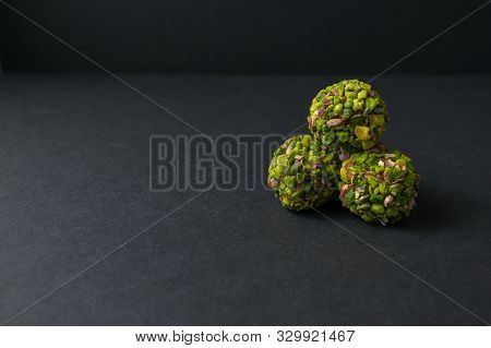 Middle East Pistachio Candy Ball. Healthy No Sugar Food.  Copy Space.