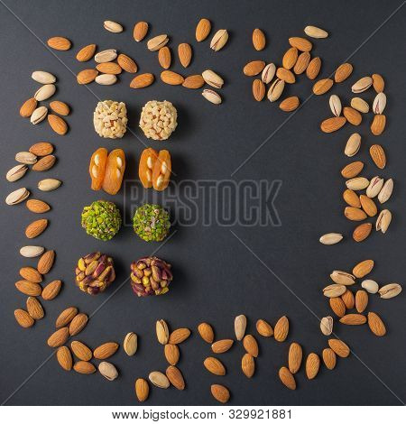 Moroccan Fruit And Nut Candy. Scattered Pistachio And Almond Nuts. Flat Lay. Middle East Pistachio C