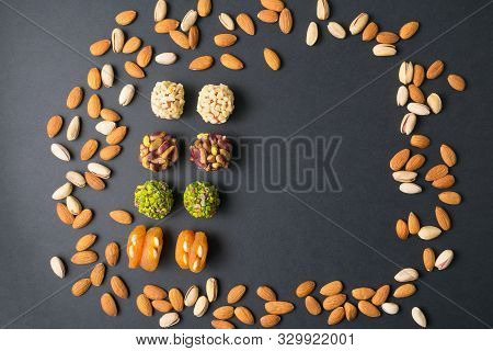 Middle East Pistachio Confectionery. Healthy No Sugar Food. Rectangular Scattered Pistachio And Almo
