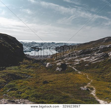 View Towards Icefjord In Ilulissat. Easy Hiking Route To The Famous Kangia Glacier Near Ilulissat In