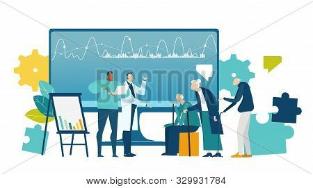 Doctors Talking To The Elderly Patients In The Hospital In Front Of The Big Computer Screen With Hea