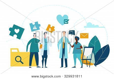 Doctors And Nurses Talking In The Hospital Hall. Medical And Health Concept. Doctors And Nurses Talk