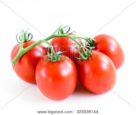 Studio Shot Organic Five On Vine Ripened Roma Tomatoes Isolated On White Background