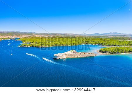 Old Stone St. Nicholas Fortress At Sibenik Bay Entrance, Archipelago Of Dalmatia, Croatia, Drone Aer