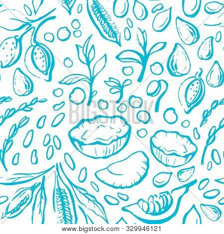 Vegan Nature Milk. Vector Seamless Pattern. Natural Soy, Coconut, Pumpkin, Almond, Sesame, Rice. Han
