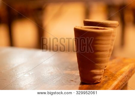 Earthenware Glasses Made Of Clay And Shot With A Shallow Depth Of Feild