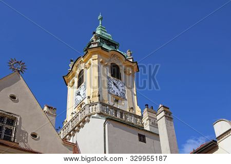 Top View Of Tower Of Old Town Hall Building In Bratislava Old Town, Slovakia. The Old Town Hall Is L
