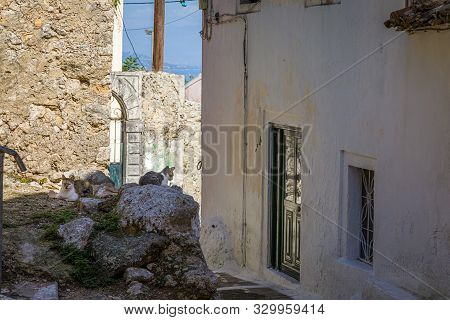 In The Streets Of Pelekas Village On Corfu Island