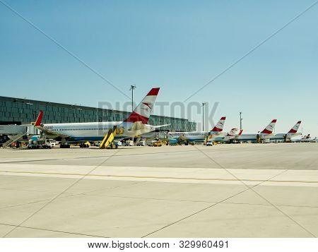 Vienna, Austria - September 17, 2012. Schwechat Airport In Vienna With Parked Airplanes