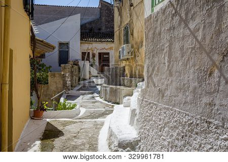 In The Streets Of Pelekas Village On Corfu Island