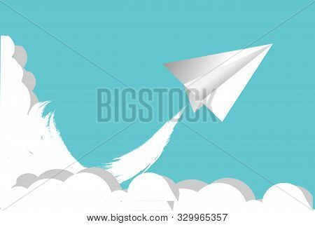 Paper Plane On Blue Sky And Cloud Background.