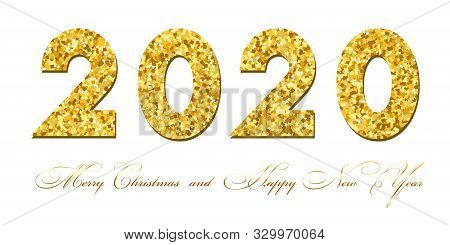 Merry Christmas Card. Gold Number 2020 With Text, Isolated On White Background. Golden Texture Holid
