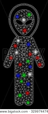 Bright Mesh Alien Space Armor With Glow Effect. White Wire Frame Triangular Mesh In Vector Format On