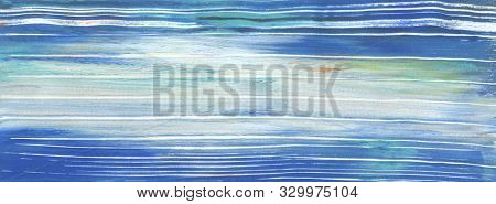 Abstract blue color line strip acrylic and watercolor painting. Monotype template. Canvas texture background. Horizontal long banner.