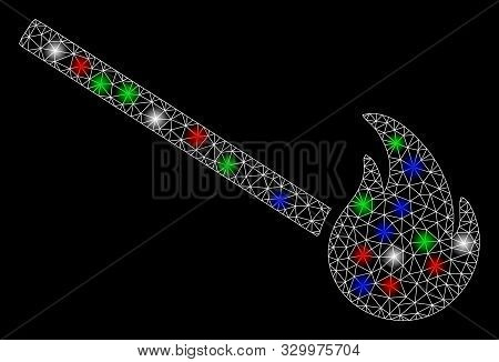 Bright Mesh Match Fire With Glare Effect. White Wire Frame Triangular Mesh In Vector Format On A Bla