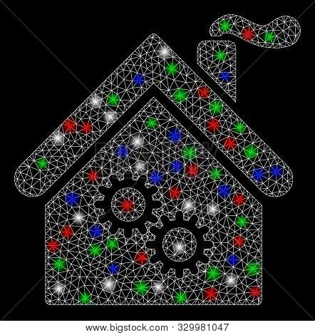 Bright Mesh Factory Building With Glare Effect. White Wire Frame Triangular Mesh In Vector Format On