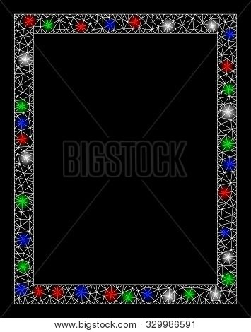 Bright Mesh Page With Glow Effect. White Wire Frame Triangular Mesh In Vector Format On A Black Back