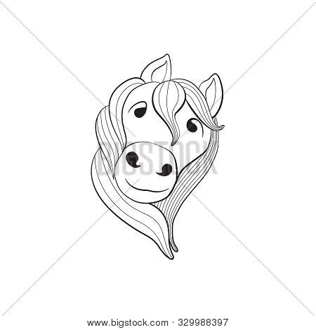 Kind Cartoon Horse Logo Vector Illustration. Black And White.