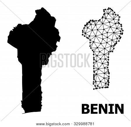Solid And Mesh Vector Map Of Benin. Wire Frame 2d Triangular Mesh In Vector Eps Format, Geographic M