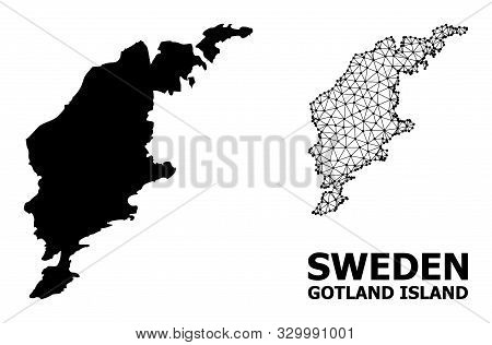 Solid And Mesh Vector Map Of Gotland Island. Wire Frame Flat Polygonal Mesh In Vector Format, Geogra