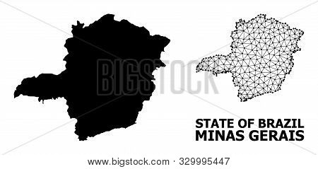 Solid And Mesh Vector Map Of Minas Gerais State. Linear Carcass 2d Triangular Mesh In Vector Eps For