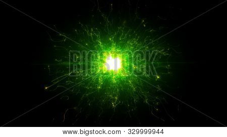Green Futuristic Space Particles In Bright Round Energy Structure. Space Orb Vfx Design Element. Abs