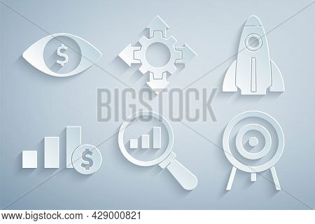 Set Magnifying Glass And Analysis, Startup Project Concept, Pie Chart Dollar, Target, Project Team B