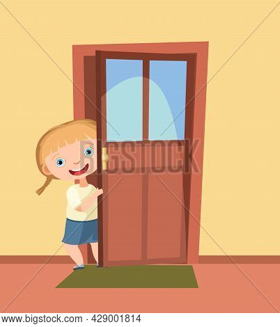Child Peek In The Door. Opened The Entrance. Funny Girl Kid. View From Inside The Room. Cartoon Styl