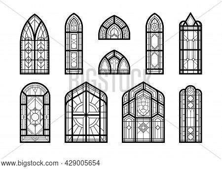 Black And White Vertical Church Mosaic Stained Glass Windows Flat Vector Illustration