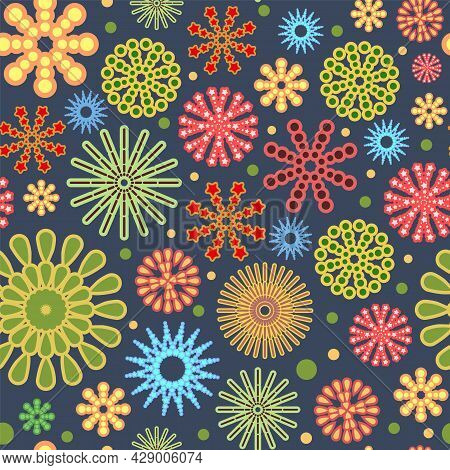 Festive Background. Night. Square Seamless Pattern. Bright Flashes Of Fireworks In A Symbolic Style.