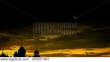 Ramadan Kareem Religion Symbols. Mosques Dome In Twilight Night With Crescent Moon And Sky Dark Blac
