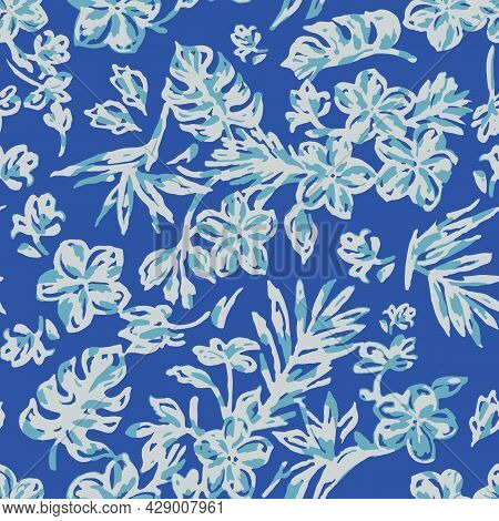 Tropical Floral Hawaiian Pattern Design With Repeat. Plumeria And Bird Of Paradise