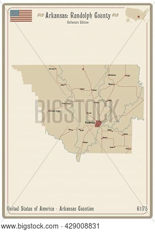 Map On An Old Playing Card Of Randolph County In Arkansas, Usa.