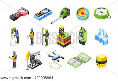 Geodesy Isometric Recolor Set Of Isolated Icons With Characters Of Engineers Maps Quadcopter And Mea