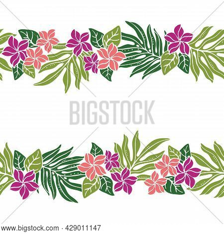 Tropical Hawaiian Pattern With Repeat Border With Plumeria