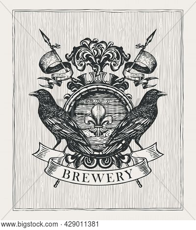 Old Brewery Coat Of Arms In Vintage Style. Hand-drawn Illustration. Vector Heraldic Coat Of Arms Wit
