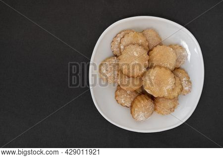 Appetizing Round Shortbread On White Plate. Homemade Shortcake. Top View. Copy Space.