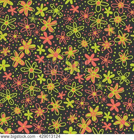 Retro Ditsy Scribbled Doodle Flower Vector Seamless Pattern Background. Dense Millefleur Style Hand 