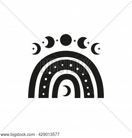 Boho Rainbow With Moon Phases, Dots, Crescent.