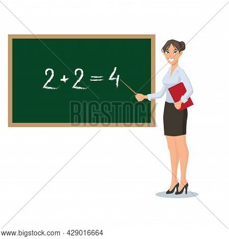 Beautiful Teacher Stands At The Blackboard And Explains The Lesson. Cartoon Vector Illustration.
