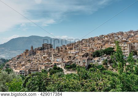 Caccamo, Sicily, Italy. View Of Popular Hilltop Medieval Town With Impressive Norman Castle And Surr