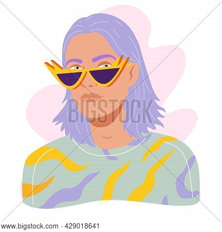 Portrait Of Modern Young Guy With Long Dyed Purple Hair. Avatar Of Man In Modern Trendy Party Sungla