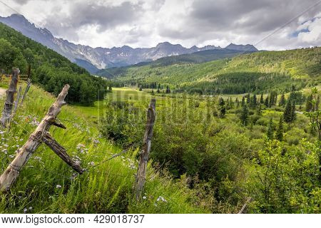 View of Mt Sneffels range in summer time near Ridgeway, Colorado