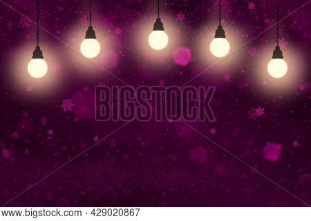 Pink Beautiful Brilliant Abstract Background Glitter Lights With Light Bulbs And Falling Snow Flakes