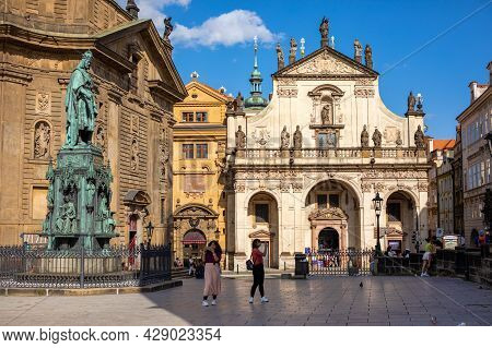 Prague, Czech Republic - 29.07.2021: Panoramic View At The King Charles Iv Monument At Crusaders Squ