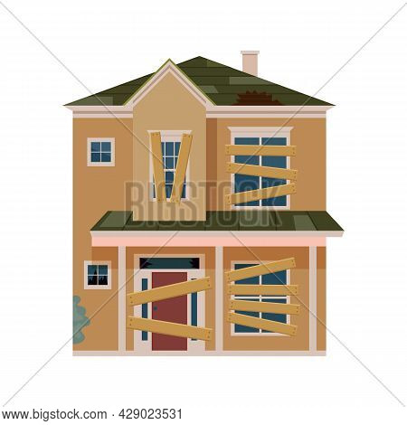 Old Abandoned House Cartoon. Decaying Suburban Cottage With Broken Windows. Vector Illustration In A